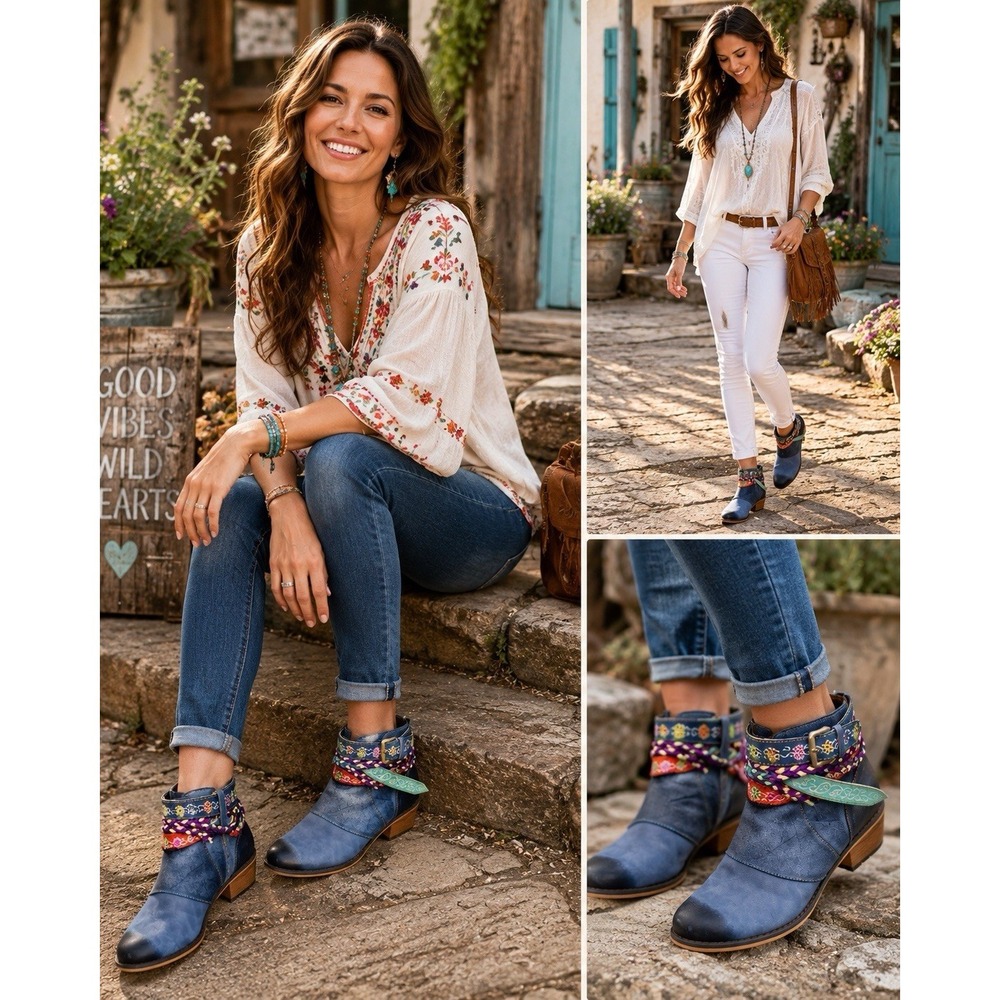 Socofy Blue Leather Ankle Boots Women SZ 38 Floral Zip Booties Boho Hippie Gorp